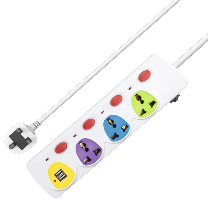 High Quality extension cord socket with USB colorful board 4way outlet Child  protection electrical power strip
