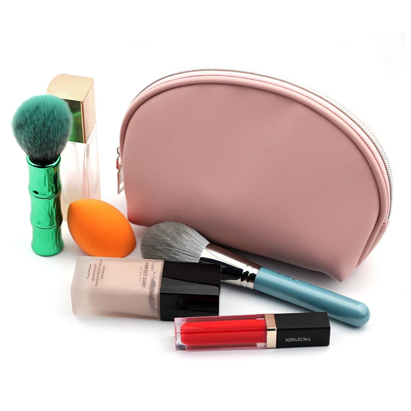 custom popular half round makeup cosmetic pouch travel lipstick eyeshadow organizer waterproof pu leather shell pink make up bag