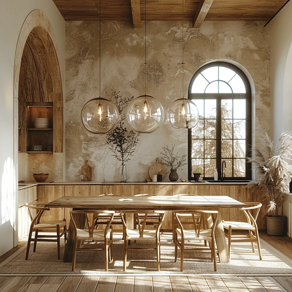 AI креативная концепция Nordic count Kitchen Space деревянная мебель и каменное искусство архитектурные бежевые тона услуги 3D рендеринга