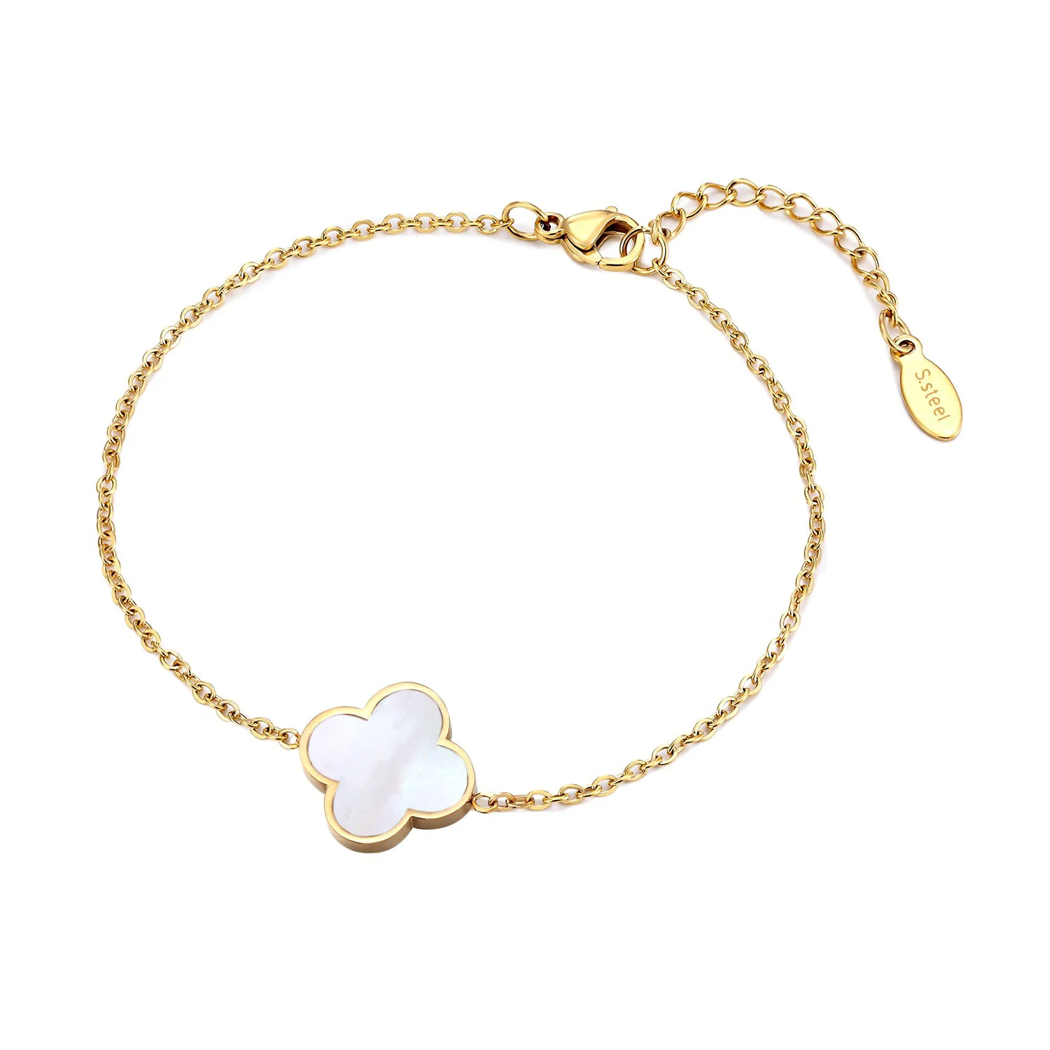 
Classic Popular Stainless Steel Mother of Pearl Four Leaf Clover Shell Lucky Charm Bracelet for Women for Girls 