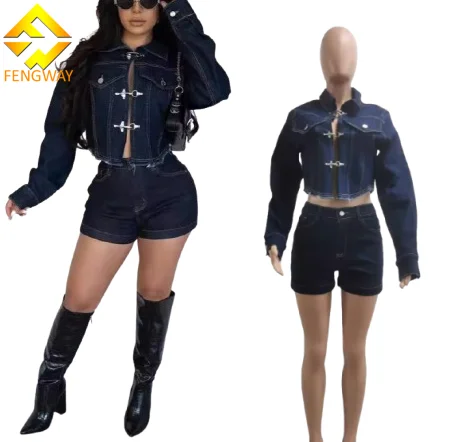 2024 New Fall Casual stretch denim two pieces short set with Jean jacket and high waist denim short jeans Suits For women