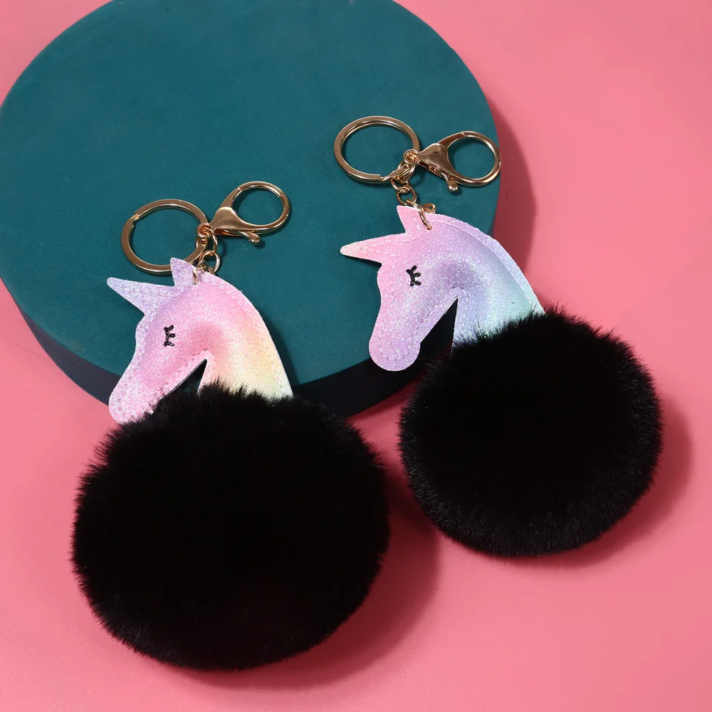 Mini Cartoon Cute Colorful Leather Fur Ball Horse Unicorn Plush Keychain Accessory Charm Keychain