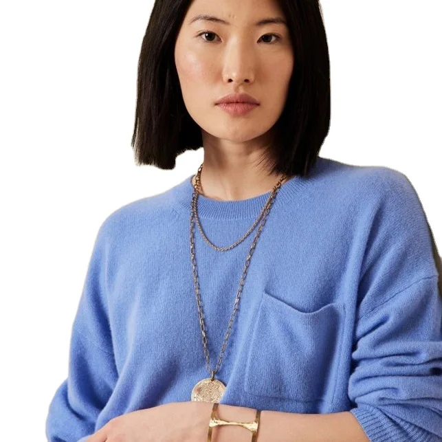 100% cashmere crew neck luxurious proportions oversized pocket long sleeves cashmere sweater for women ladies