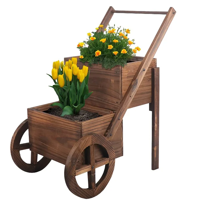 Wheelbarrow Planter  Two Tiers Wood Wagon Flower Pot for Garden
