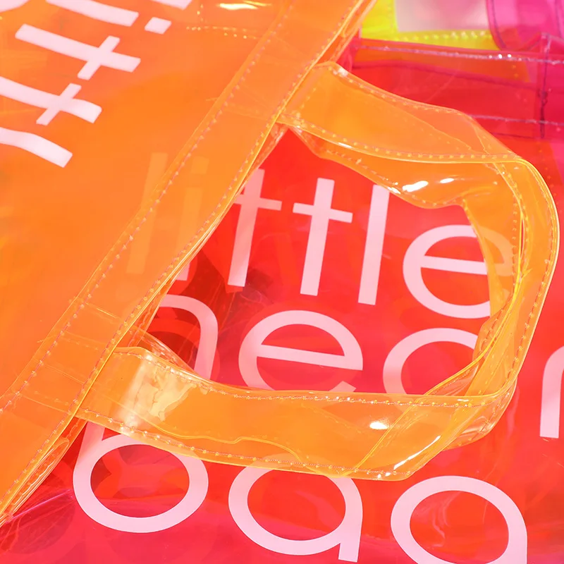 Custom fashion eco friendly cheapest high quality transparent little neon pink pvc tote bag