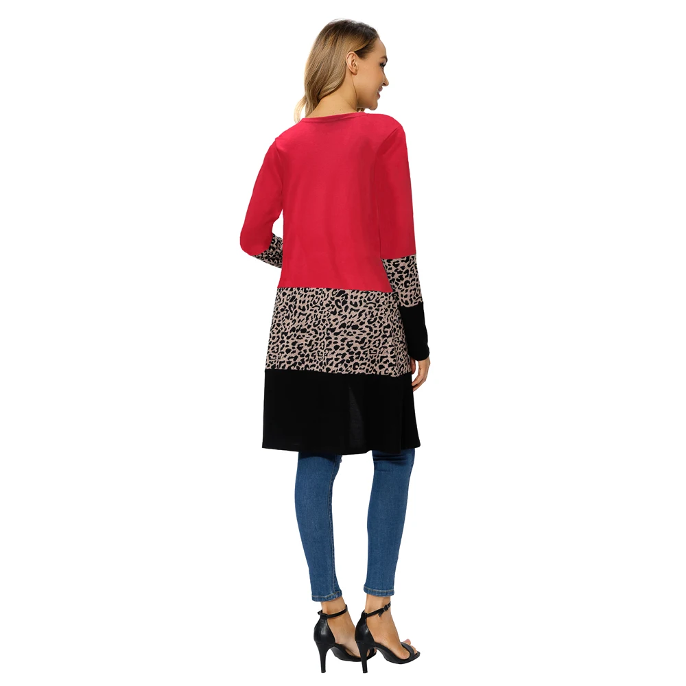 Womens Casual Open Front Draped Snap Knitted Maxi Duster Long Sleeve Leopard Print Plus Size Cardigan