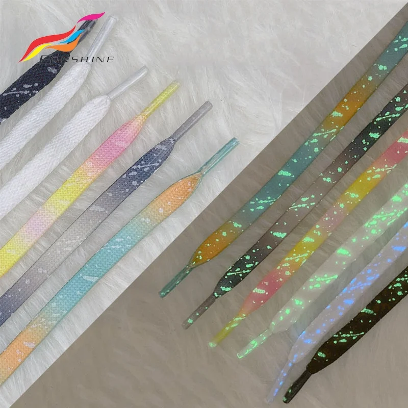 120cm Luminous Flat Sneakers Canvas Tie-dyed Shoe Laces Glow In The Dark Night Color Ink Splashing Shoelace