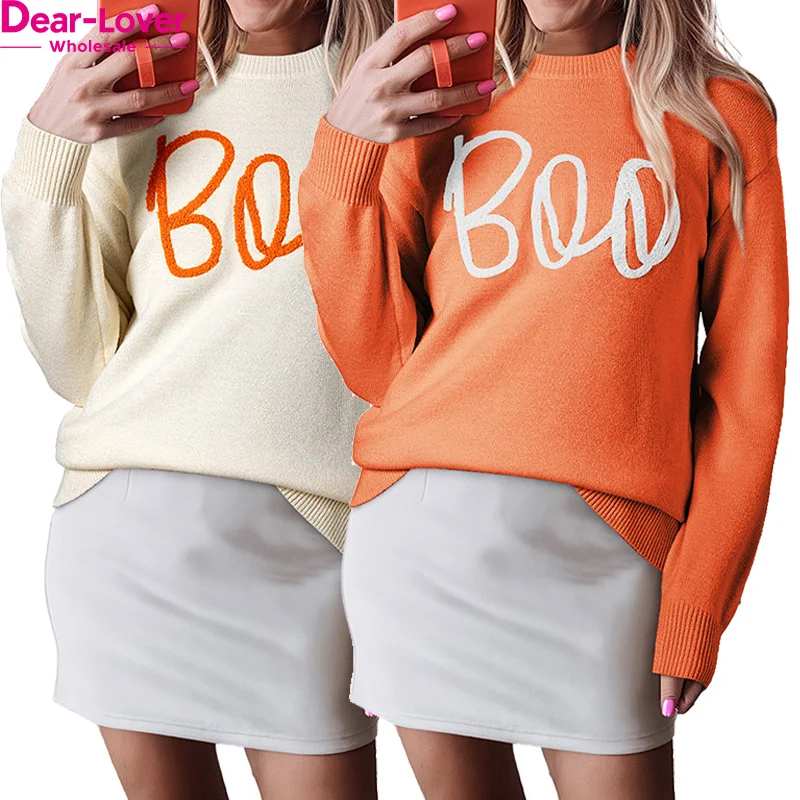 Dear-Lover New Fashion Wholesale Boo Pattern Ribbed Edge Drop Shoulder Knitted Crewneck Sweater