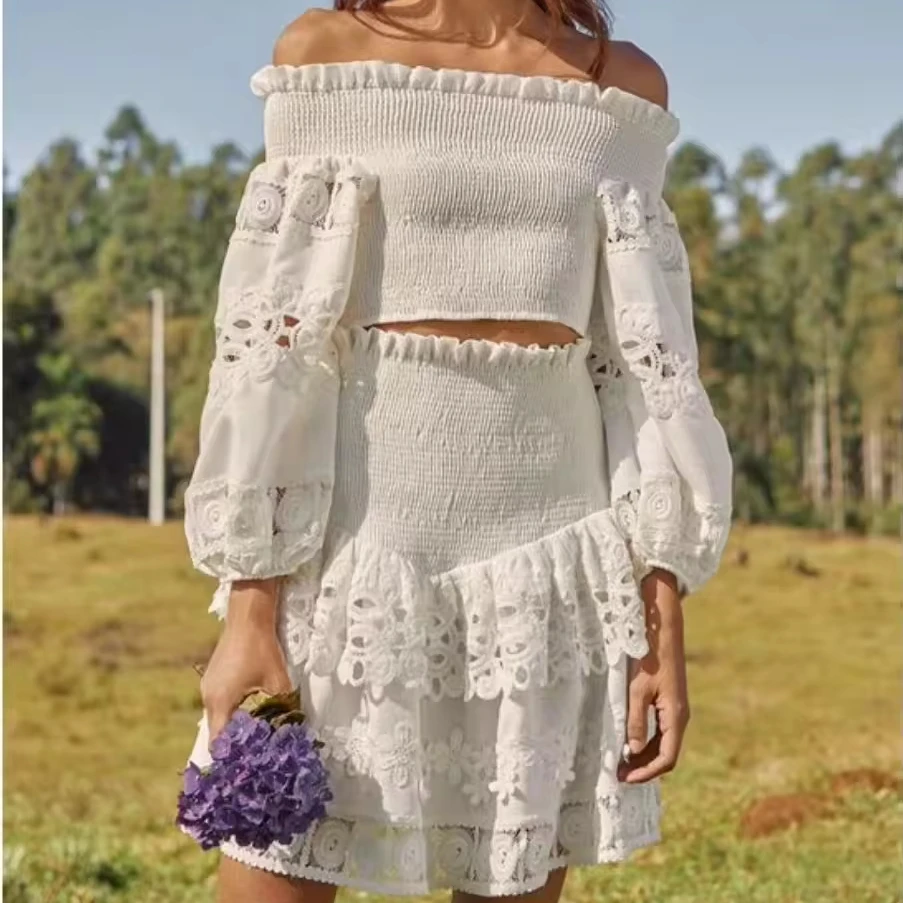 New dropshipping elegant off shoulder and lantern sleeve with elastic waist edge stitching crop top and skirt suit women