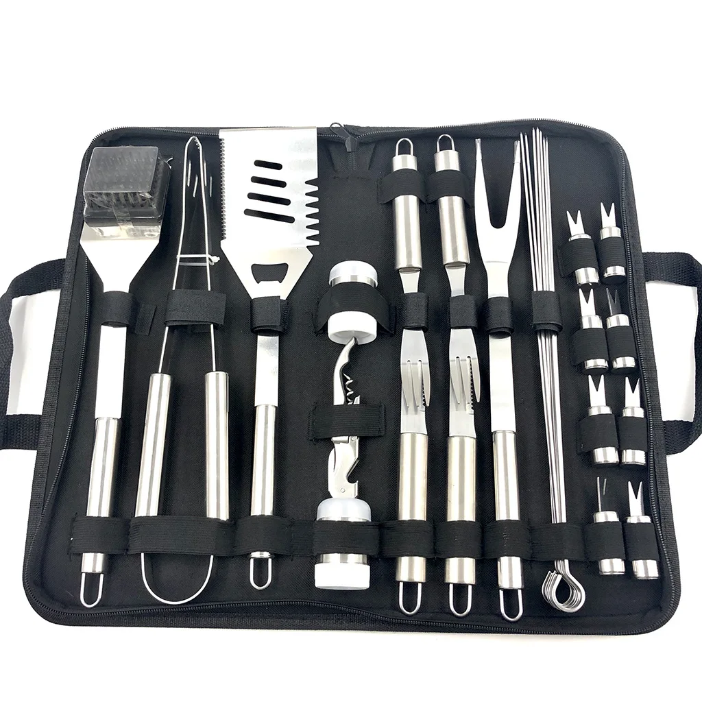 BBQ Grill Tools Set with Spatula Fork Tongs and Cleaning Brush for Complete Barbecue Accessories Kit with Portable Bag