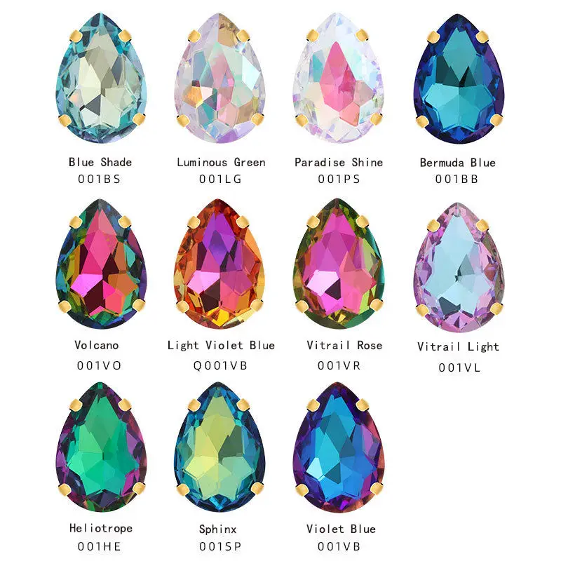 Anwen 10*14mm Drop shape Glass Stone With Metal Claw Golden setting Sew On Clothes crystal  For Garment rhinestone accessories