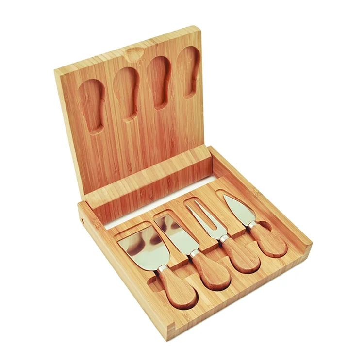 High Quality kitchen Serving Tray Square Natural Bamboo Cheese Cutting Board Set With Hidden Cutlery Drawer