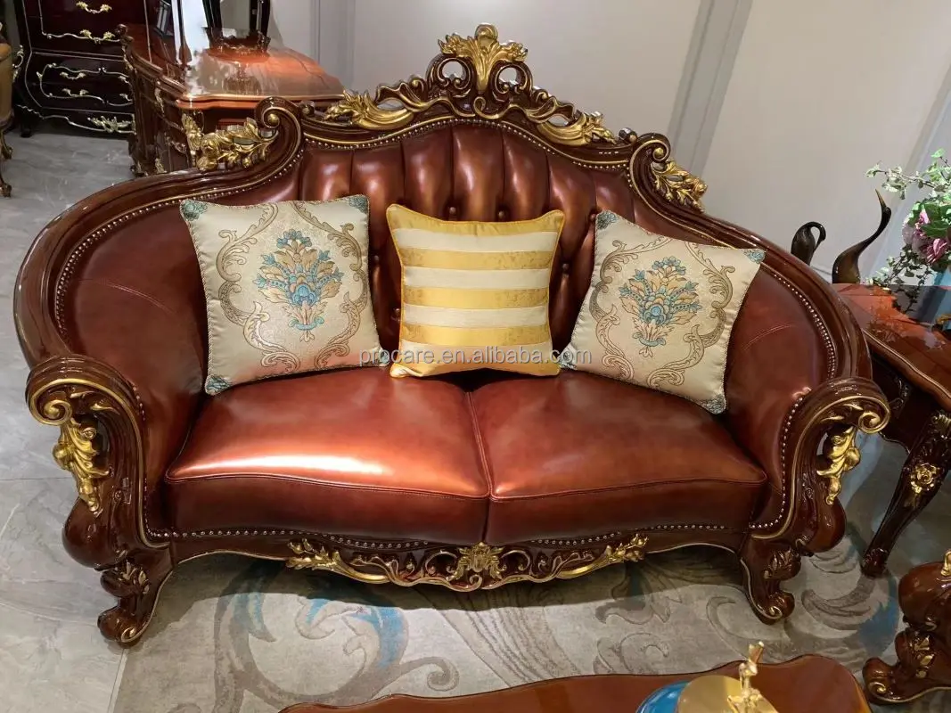 Europe Style Top Grain  Genuine Leather Furniture Sofa Set  Solid Wood Frame Living room Sofas  Set