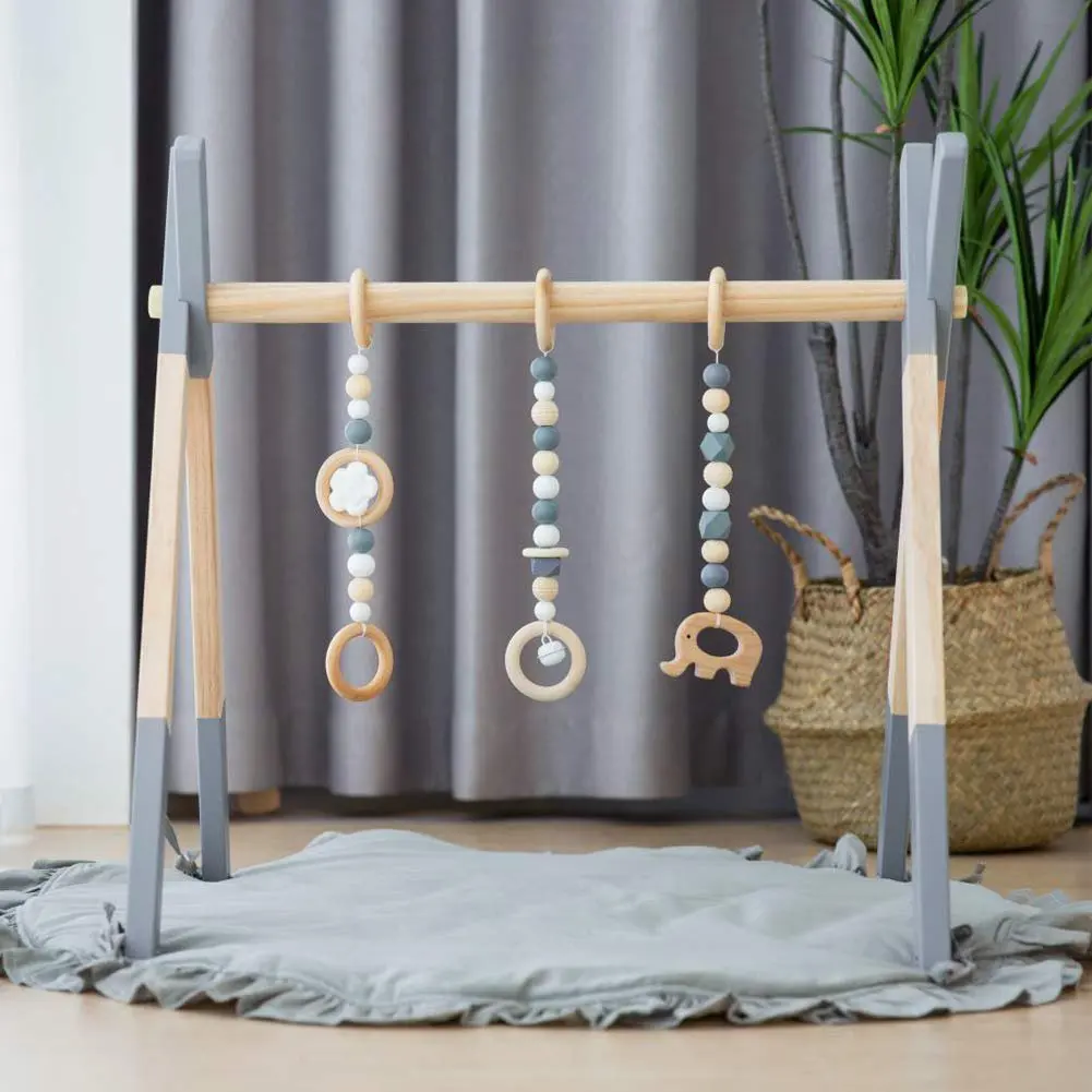 Wooden Foldable Infant Activity Gym with Mat Baby Play Gym Frame Hanging Bar Activity Gym Hanging Toys