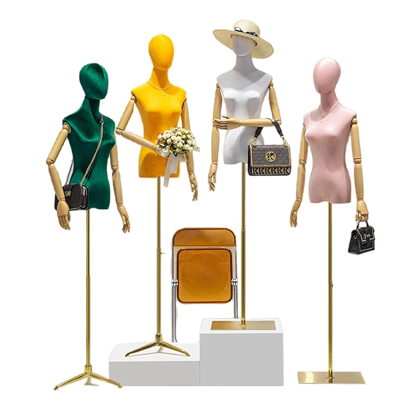 Window Clothing Display Female Half-Body Mannequins Dummy Models Woman Adult Velvet Dress Form Lady Mannequin with Wooden Arms