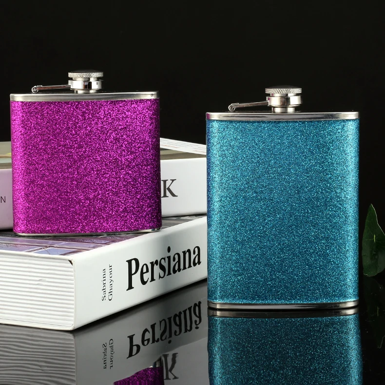 OEM Wedding gifts for guests stainless steel shiny leather hip flask flagon glitter flasks liquor