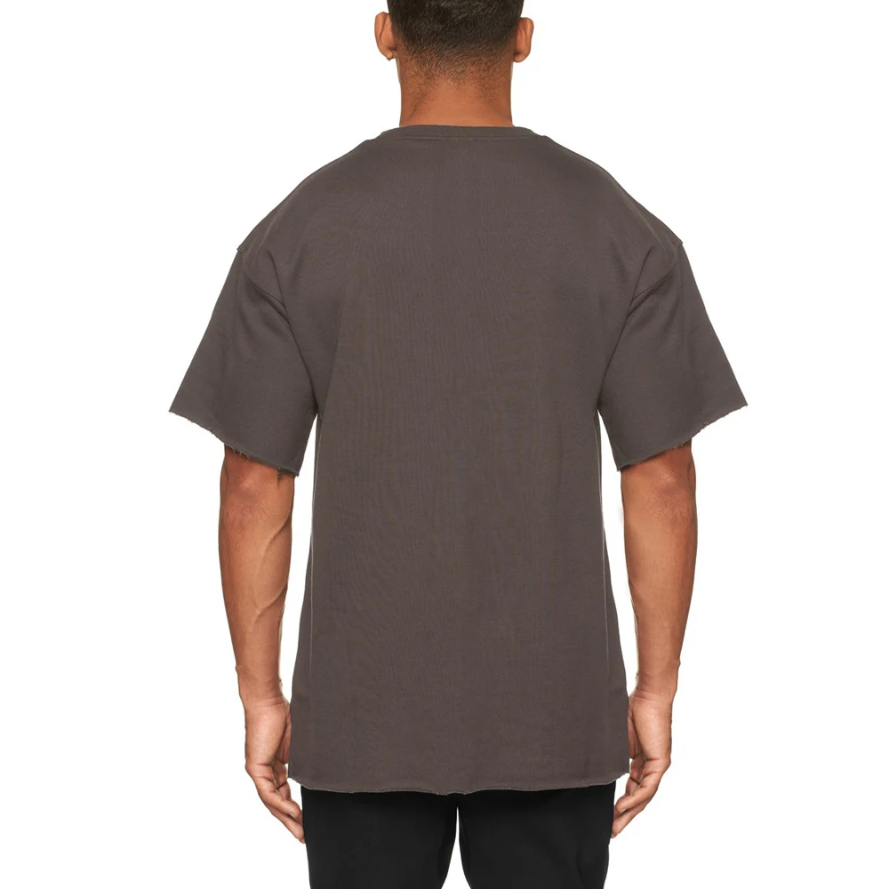 New style casual round neck t shirt french terry blank raw hem mens oversized tshirt