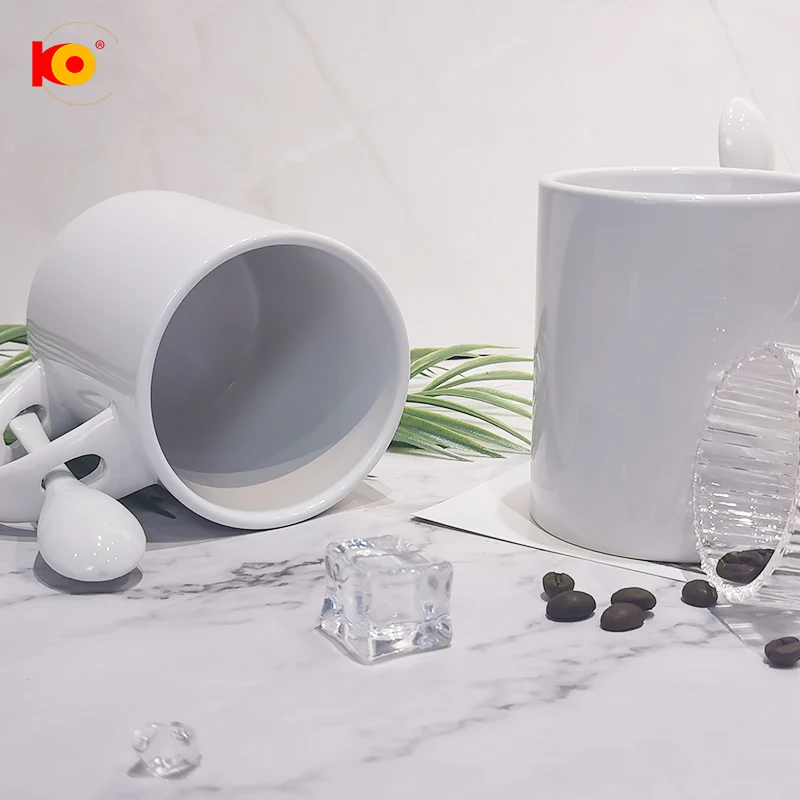 Promotional Advertising 11oz white ceramic mug coated sublimation mug with spoon