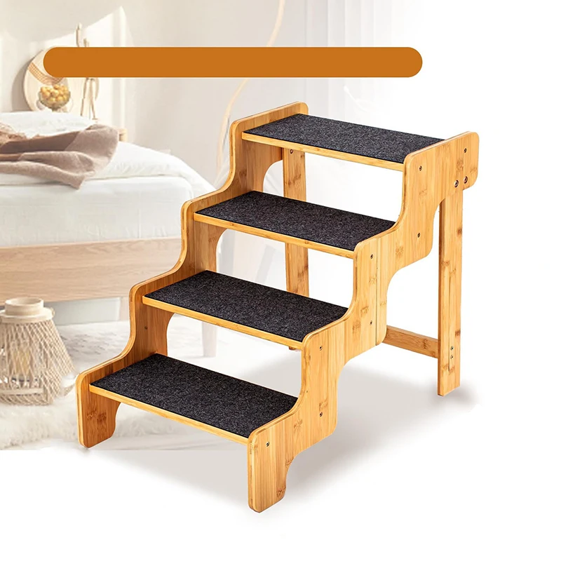 New Bamboo 4 Step Dog Stairs for Bed Non-Slip Dog Stairs for Small Dog Pet Steps Stairs