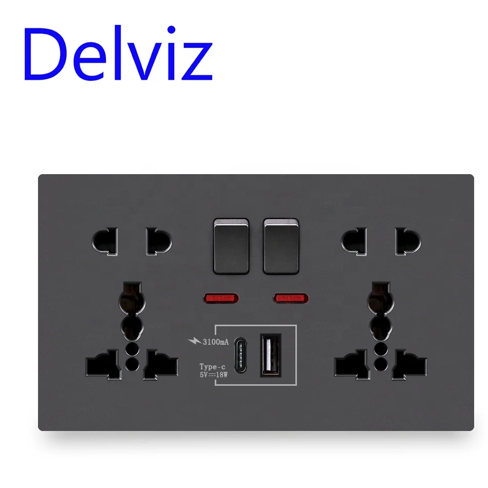 Delviz 13A Universal Dual Socket, Switch control, 1A1C 5V USB Port Power Outlet, 3A 18W Type C Wall Quick Charge Smart interface