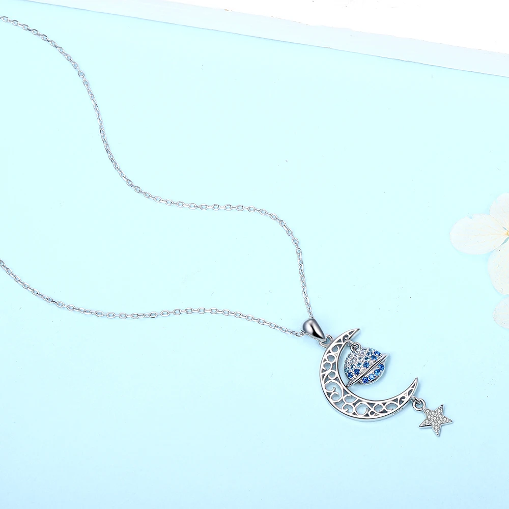 Wholesale 925 sterling silver inlaid blue zircon delicate and lovely half moon planet star tassel shape ladies necklace