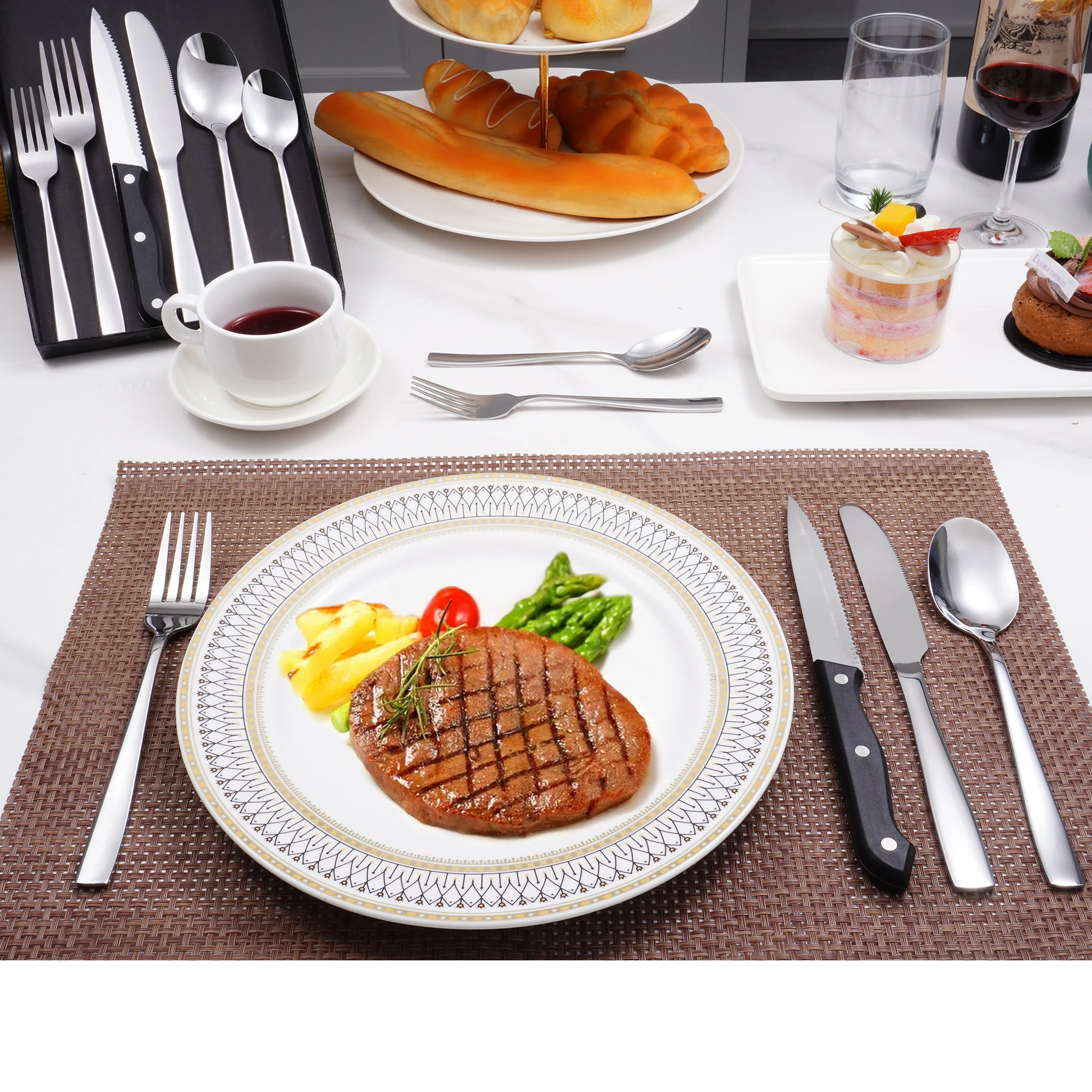 Wholesale Stainless Steel Silverware Mirror Silver Spoon Fork Knife 48 Piece Flatware Set With Black Cutlery Tray