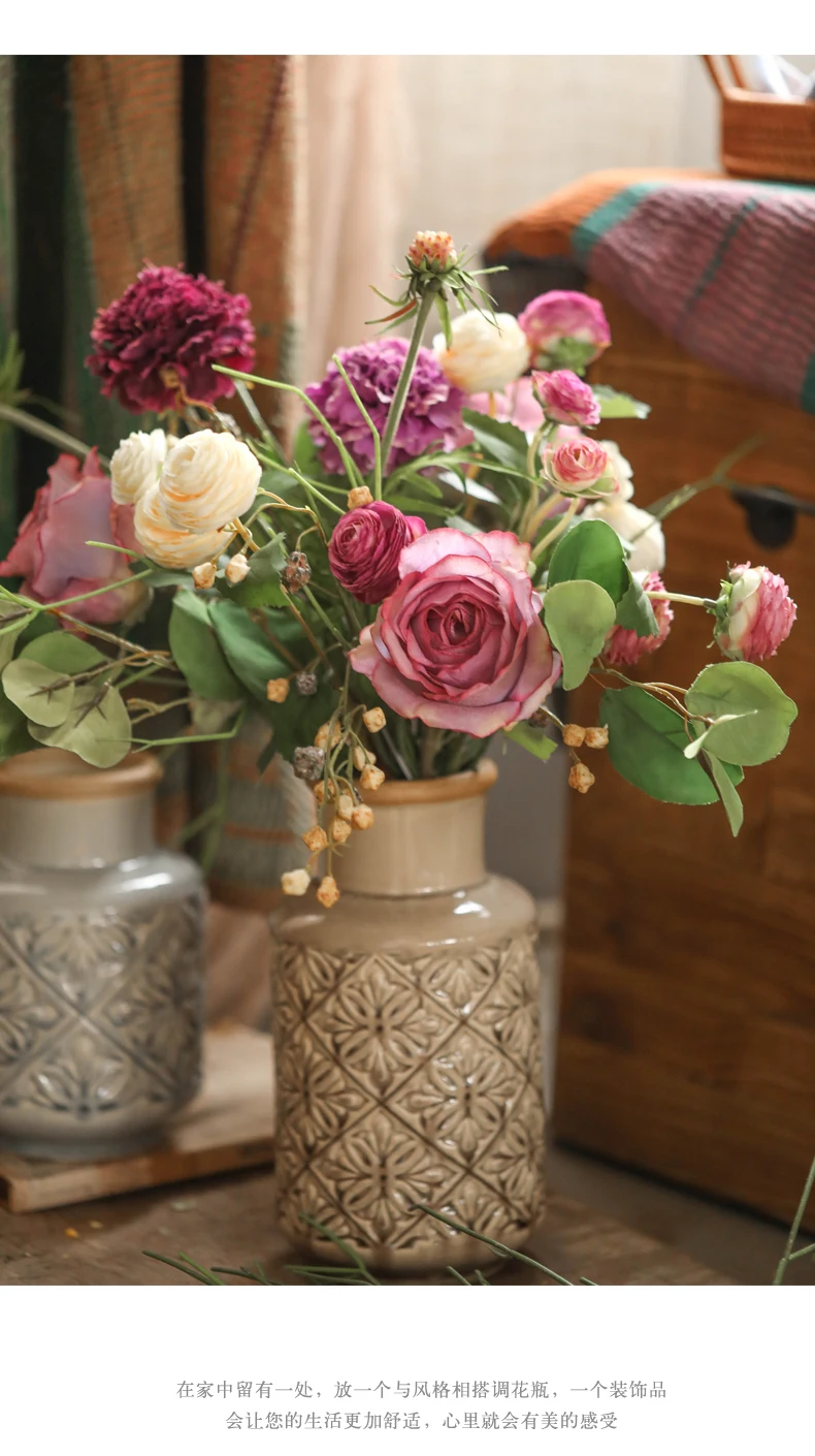 
Embossed pattern retro vase ornaments home accessories American ceramic floral high and low models 