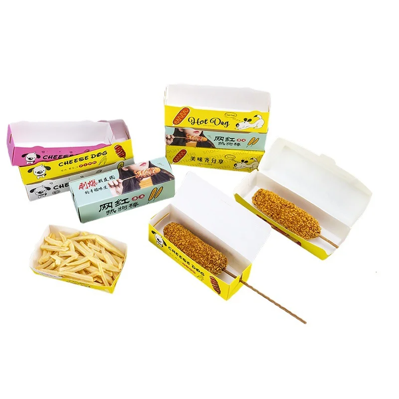 Takeaway Printed Korean Corn Dog Food Packaging Container Hot Dog Paper Trays Snack Box