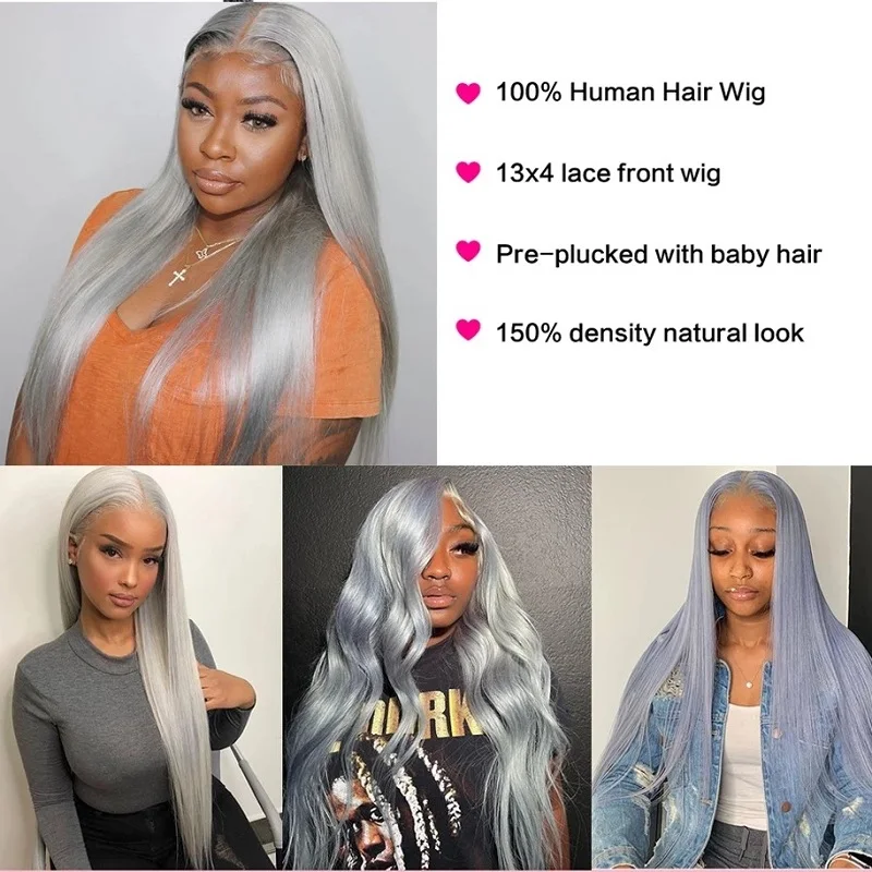 ISEE Silver Grey Straight Lace Front Wig Pre Plucked Transparent Swiss 13X4 Lace Frontal Colored Human Hair Wigs For Black Women