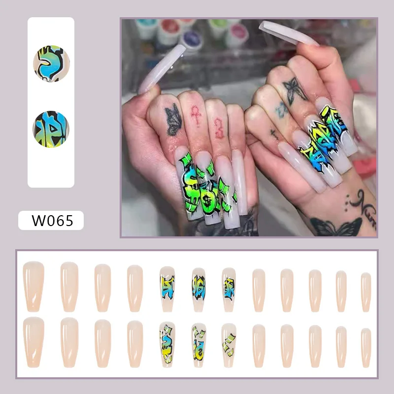 Punk Graffiti Long Nails Detachable Manicure Fake Nail Stickers Halloween Finger ABS Hand Nails Artificial Full Cover