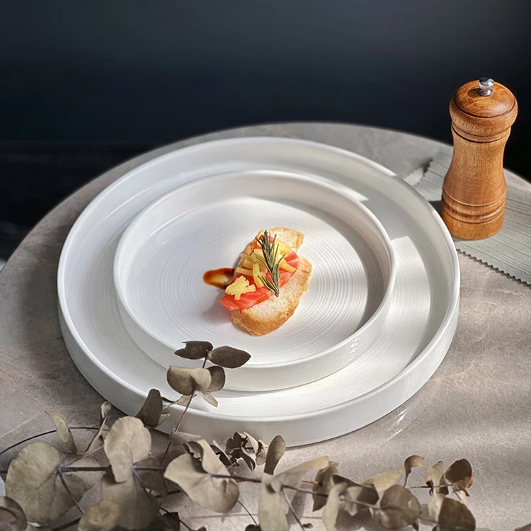 Wholesale Line rim  8.5/10.5 inch White Glazed Printing side plates Restaurant Round Ceramic Porcelain Dinner dish set