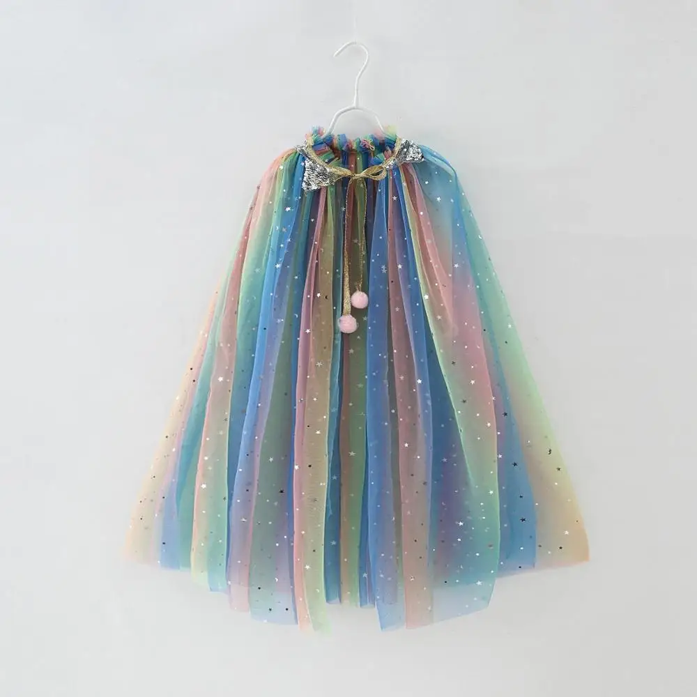 Wholesale Princess Rainbow Sequin Star Kids Girls Chiffon Cape For Evening Dress