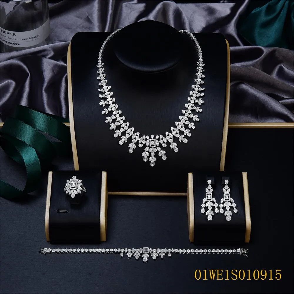 Uae Luxury Bling Heavy Cz Stone Paved 4pcs Saudi Arabian Party Stone Woman 925 Sterling Silver Bridal Jewelry Sets For Wedding