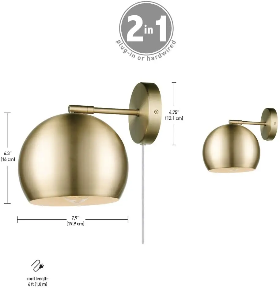 Globe 1-Light Plug-in Wall Sconce Hardwire Matte Brass White Fabric Cord In-Line On/Off Rocker Switch
