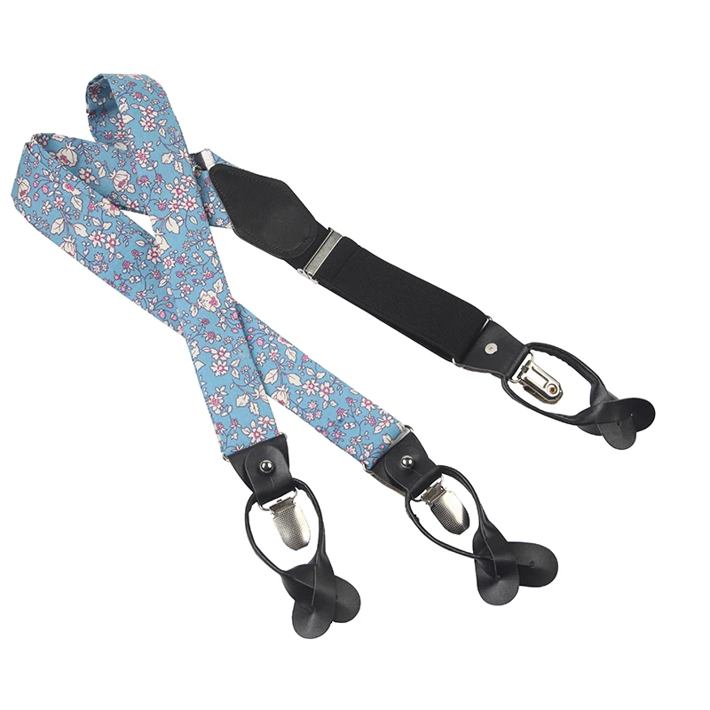 wholesale custom blue white pink floral print cotton men`s suspenders with pu earring