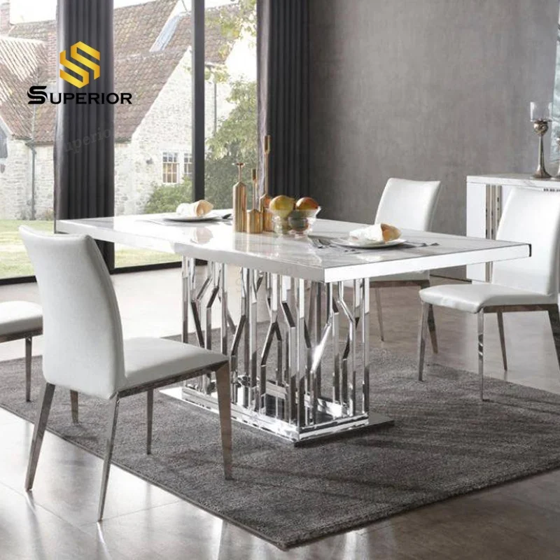 Modern rectangle pedestal steel base faux marble top dining table