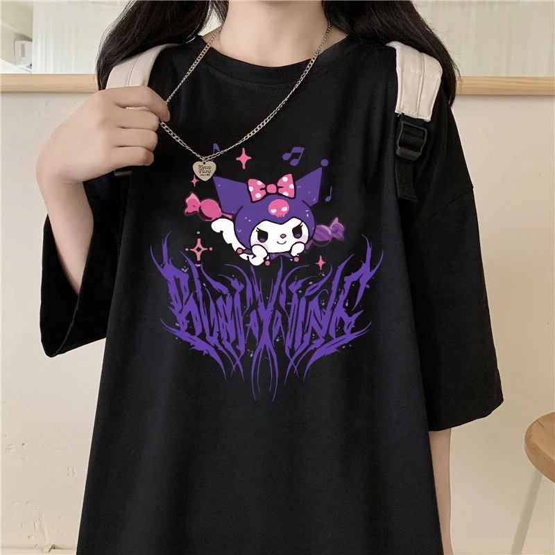 
Harajuku Cartoon Gothic Print Short Sleeve Kuromi T-shirt Women Tops Summer Streetwear O-neck Sweet Girls Tee T Shirt Clothing 