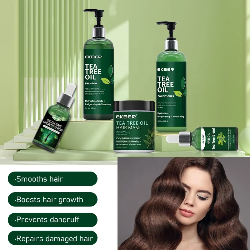 Hot Selling Ekber Tea Tree Hair Care Set Nourishing Health Vegan Hair Mask Shampoo Conditioner Oil Set Organic