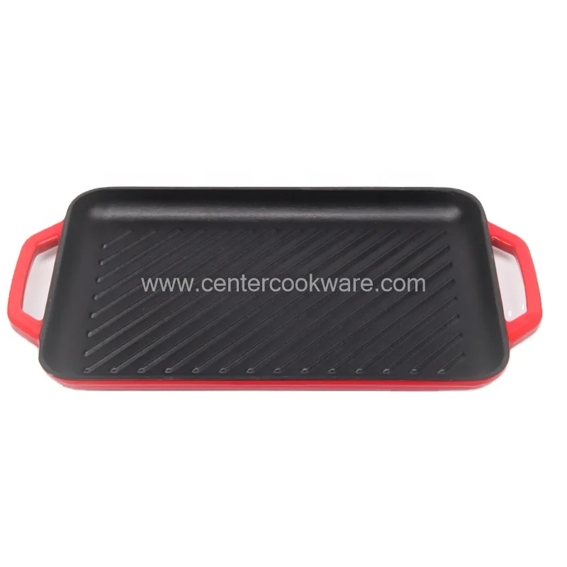 Wholesale cookware Rectangle Enamel Cast Iron Induction baking Roasting Grill Plate Griddle Bbq Plate Grill Pan