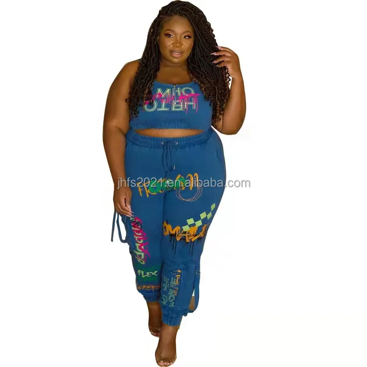 
J&H fashion 5XL Plus Size Women Clothing 2 Piece Set Tank Top Sleevelees High Waisted Jogger Pants Graffiti Street Wear Casual 