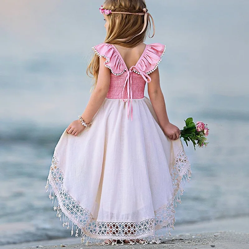 HaoBaby Explosion Models Ins Small Flying Sleeves Clothing For Kids Irregular Hollow Lace Fan Open Back Girl Dress