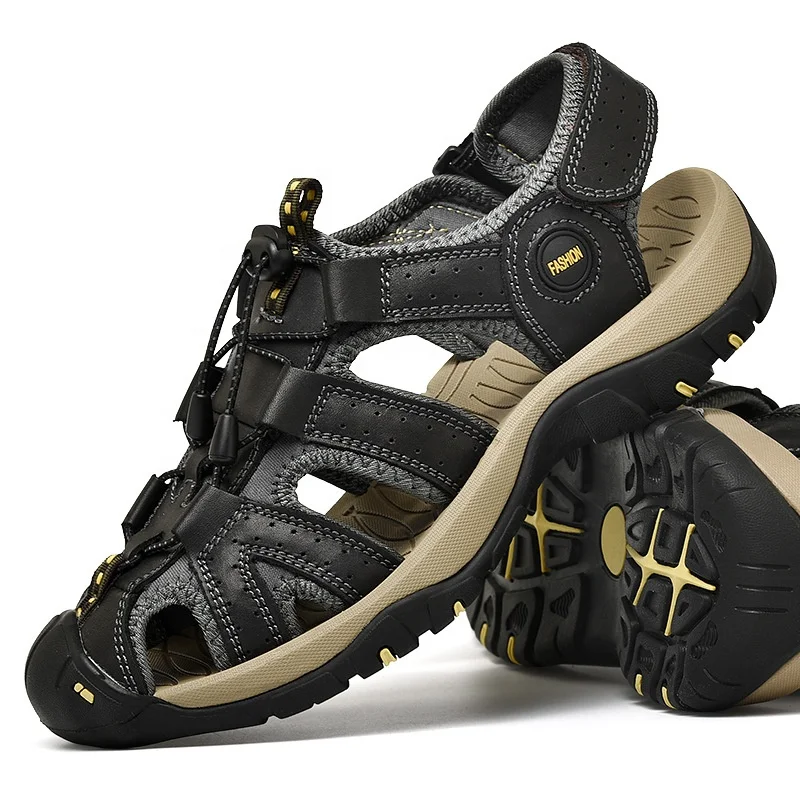 Удобные нескользящие мужские модные спортивные сандалии из натуральной кожи с закрытым носком хорошего качества оптом из Китая