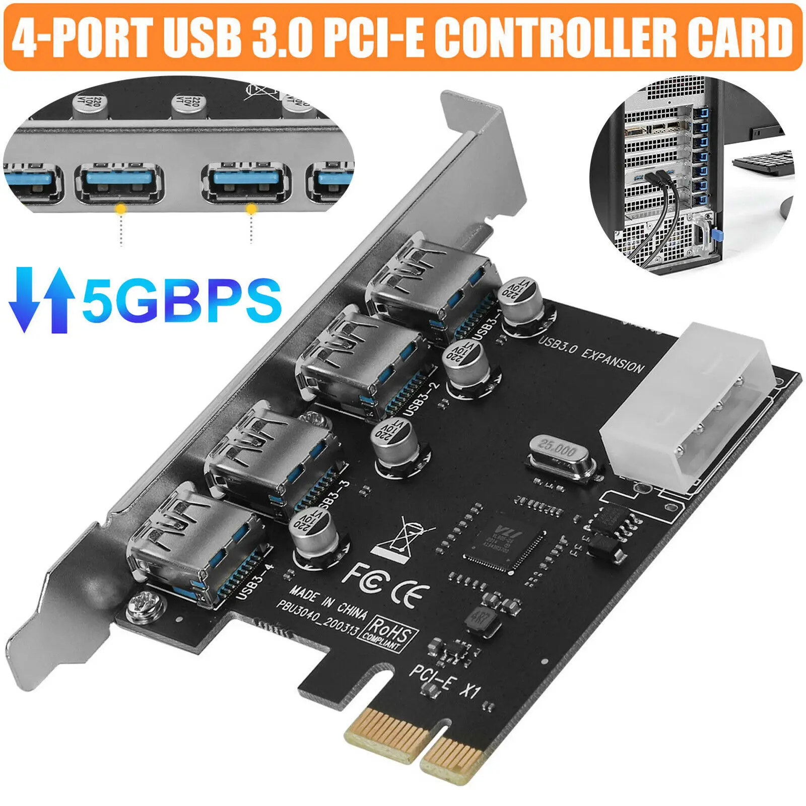 4-PORT USB 3.0 PCH-E CONTROLLER CARD 5Gbps PCI-E Express to USB3.0 Controller Expansion Card Adapter for PC In stock