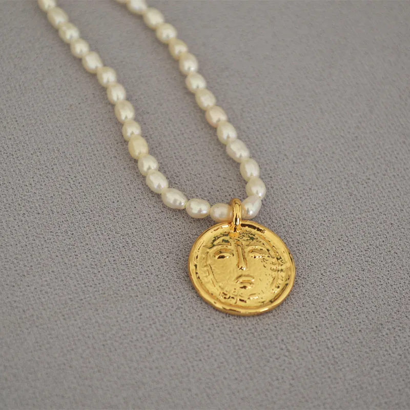 moon and star design round pendant choker real gold plated beaded freshwater pearl necklace jewelry jewellery