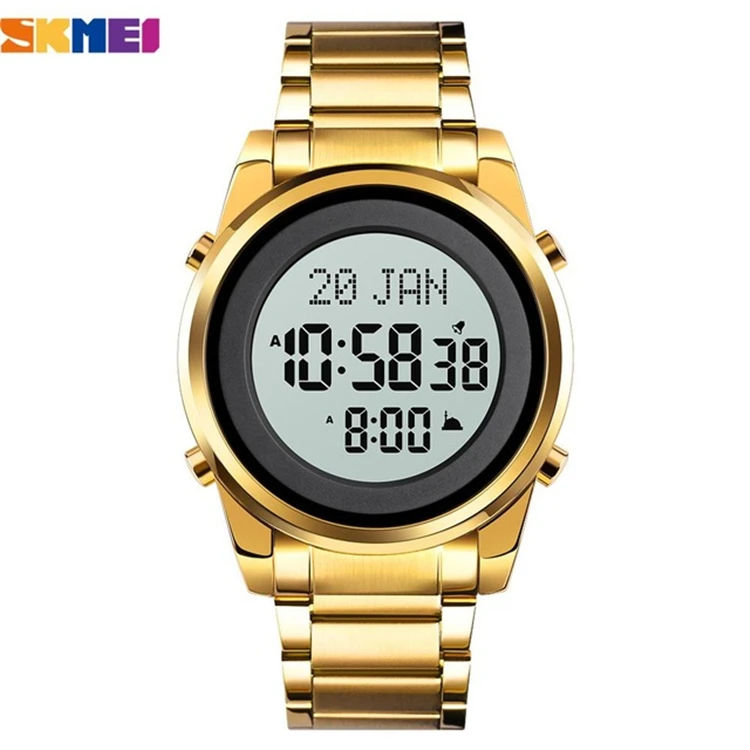 SKMEI Round Digital Watch For Men Qibla Time Reminder LED Golden Steel Religious Month Electronic Prayer Male Clocks 1734