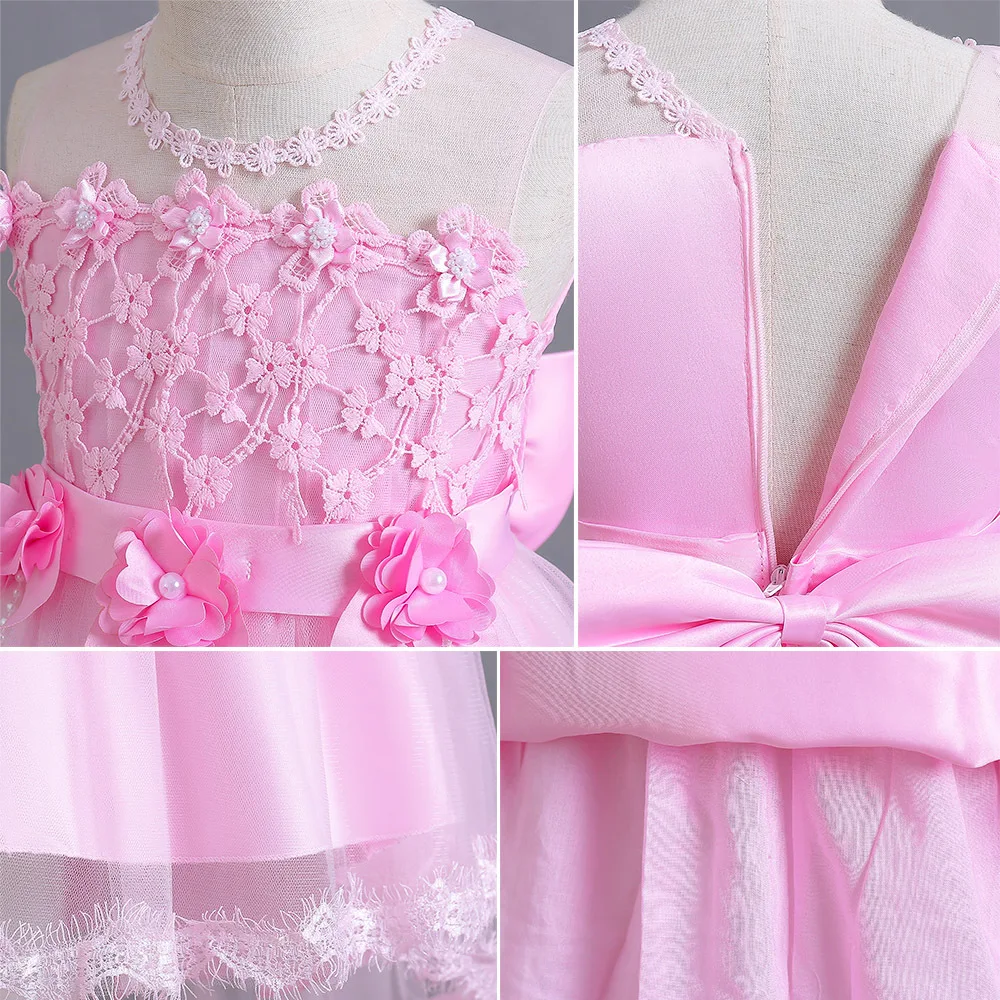 Flower Girls Party Dresses for New Year Baby Girls Sleeveless Pearl Princess Wedding Dress Children Clothes Vestidos 2-10Y