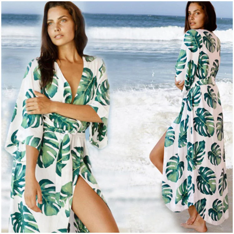 Kimono Beach Wholesale Tropical Banana Leaf Long Summer Playa Women Flower Open Cardigan Beach Kimono for Bikini Cover