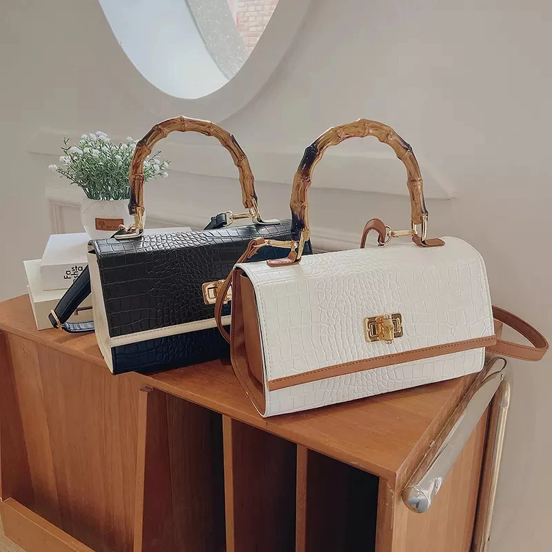 Women handbag shoulder crossbody ladies hand Bag Purses wood handle crocodile leather Pu tote fashion handbags for women luxury