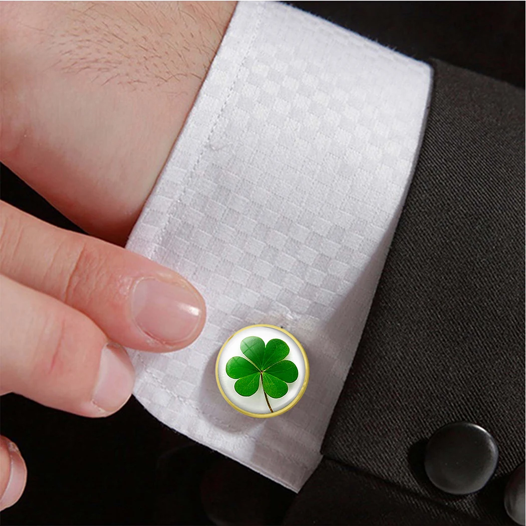Запонки с четырьмя листьями клевера St. Patricks день вечеринки ювелирные изделия серебряные золотые металлические запонки счастливые зеленые клеверные мужские
