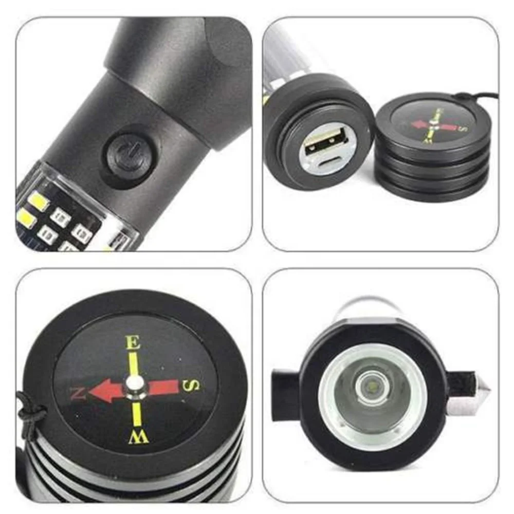 Car Flashlight Solar Power Tactical Flashlight Bright LED Emergency Torch Light With Safety Hammer Seat Belt Cutter Compass